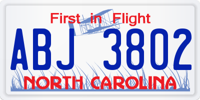 NC license plate ABJ3802