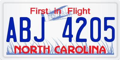 NC license plate ABJ4205