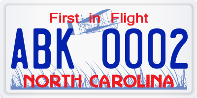 NC license plate ABK0002