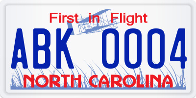 NC license plate ABK0004