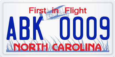 NC license plate ABK0009