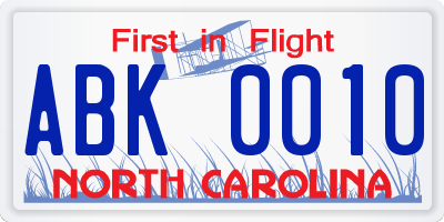 NC license plate ABK0010