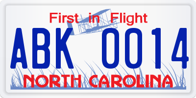 NC license plate ABK0014