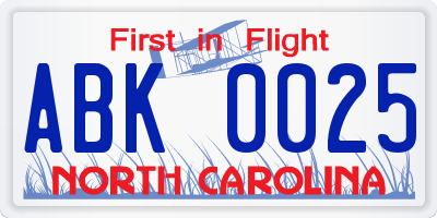NC license plate ABK0025
