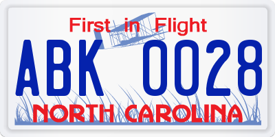 NC license plate ABK0028