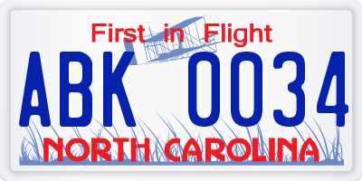 NC license plate ABK0034