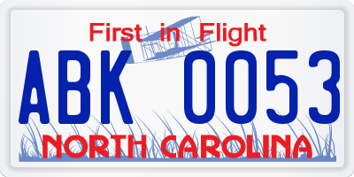 NC license plate ABK0053