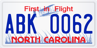 NC license plate ABK0062