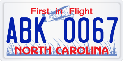 NC license plate ABK0067