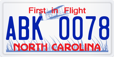 NC license plate ABK0078