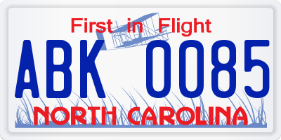 NC license plate ABK0085
