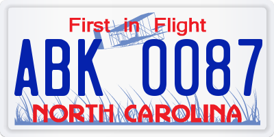 NC license plate ABK0087