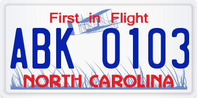 NC license plate ABK0103