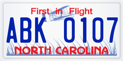 NC license plate ABK0107