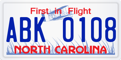 NC license plate ABK0108