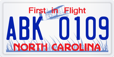 NC license plate ABK0109