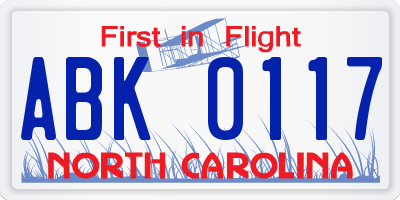 NC license plate ABK0117