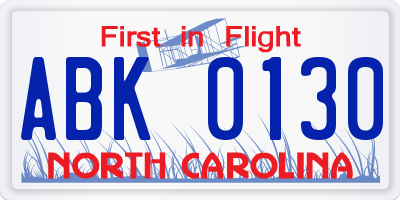 NC license plate ABK0130