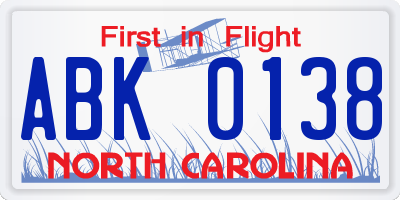 NC license plate ABK0138