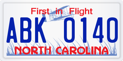 NC license plate ABK0140