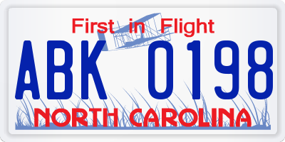 NC license plate ABK0198
