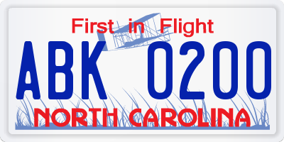 NC license plate ABK0200