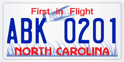 NC license plate ABK0201