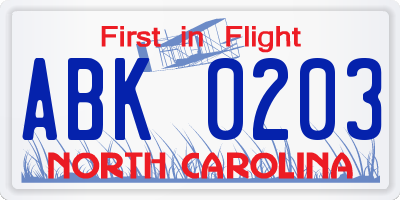 NC license plate ABK0203