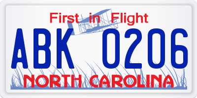 NC license plate ABK0206