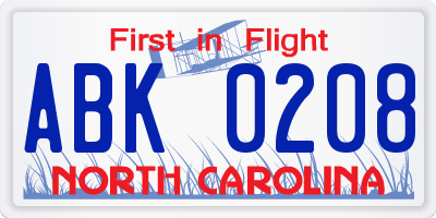 NC license plate ABK0208