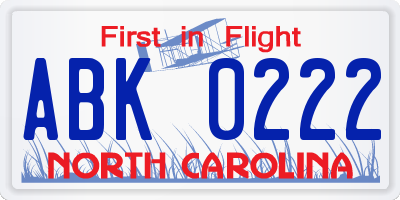 NC license plate ABK0222