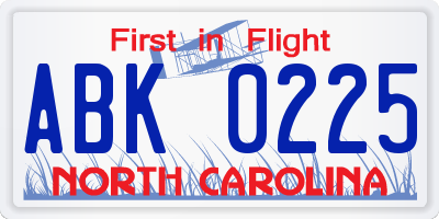 NC license plate ABK0225