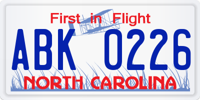 NC license plate ABK0226