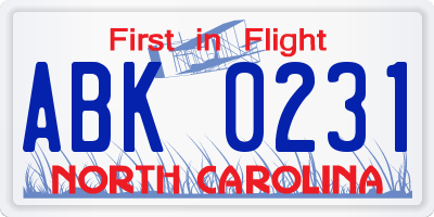 NC license plate ABK0231