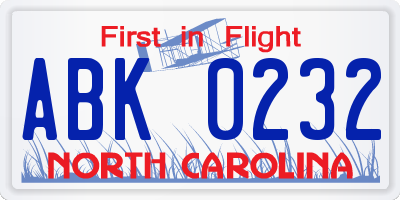 NC license plate ABK0232