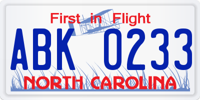 NC license plate ABK0233