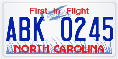 NC license plate ABK0245