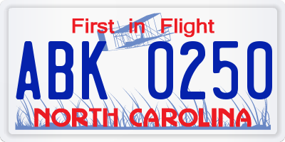NC license plate ABK0250