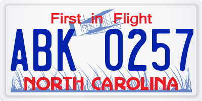 NC license plate ABK0257