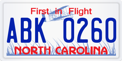 NC license plate ABK0260