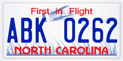 NC license plate ABK0262