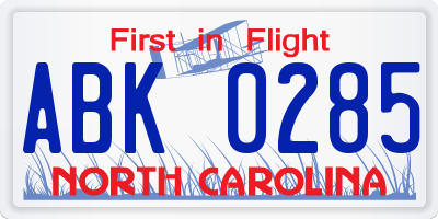 NC license plate ABK0285