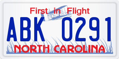 NC license plate ABK0291
