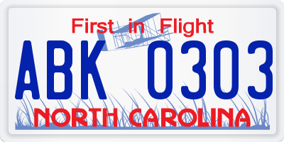 NC license plate ABK0303