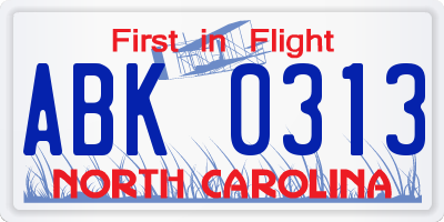 NC license plate ABK0313