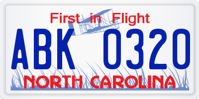 NC license plate ABK0320