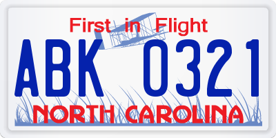 NC license plate ABK0321