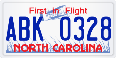 NC license plate ABK0328
