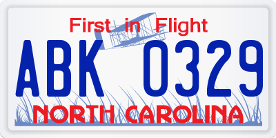 NC license plate ABK0329