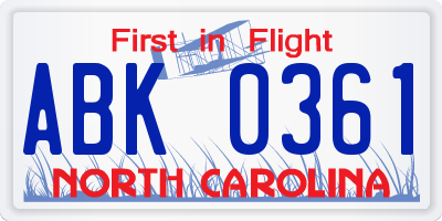 NC license plate ABK0361